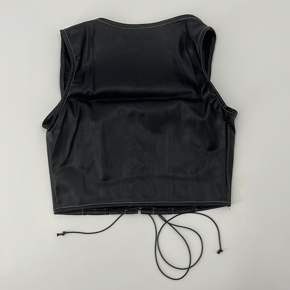 black Vegan Leather Cropped Tank Corset Lace Up Top Overstitching - Picture 6 of 6